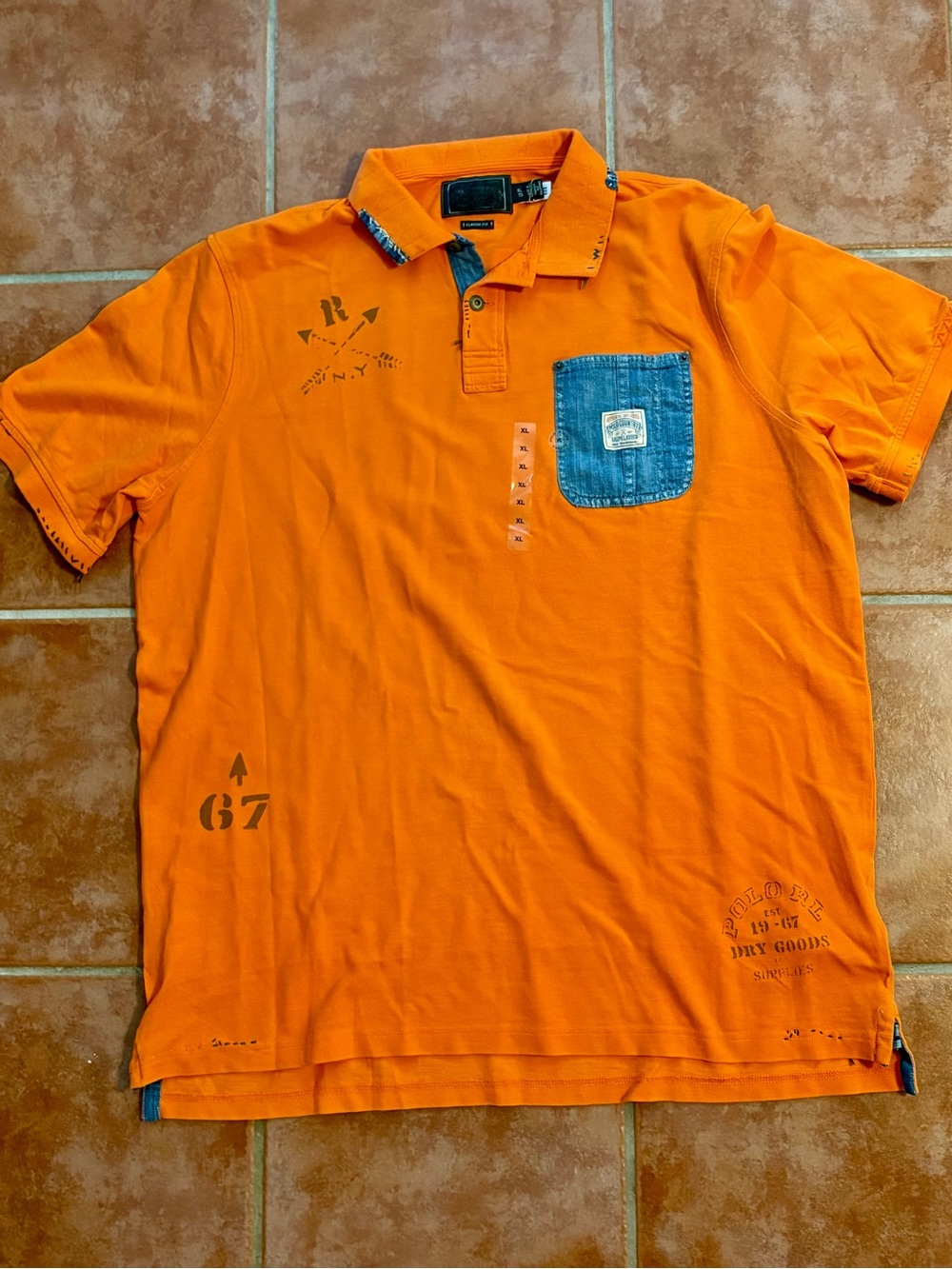 Polo Country by Ralph Lauren orange polo shirt with Blue & Green Accents - Picture 3 of 14